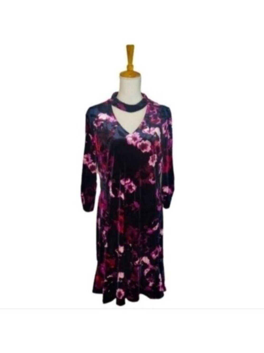 Roz & Ali Floral Choker Stretch Velvet Shift Dress Navy Size 14